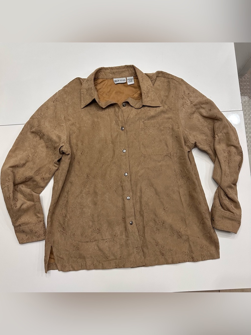 Apparenza Vintage Faux Suede Leaf Pattern Button Up Shirt Jacket Tan Brown Large